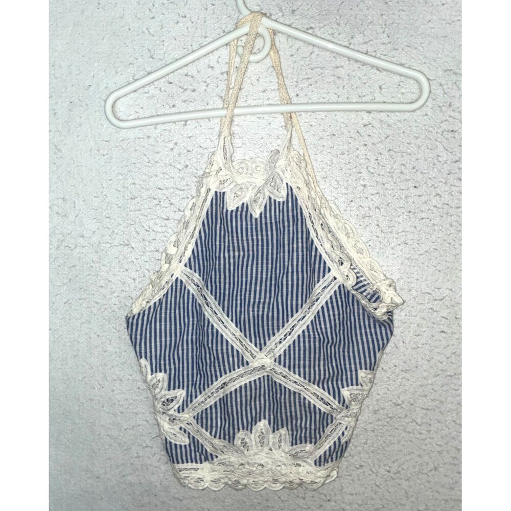 Free People Crochet Floral Lace Halter Tank Top White Blue Striped Womens sz M